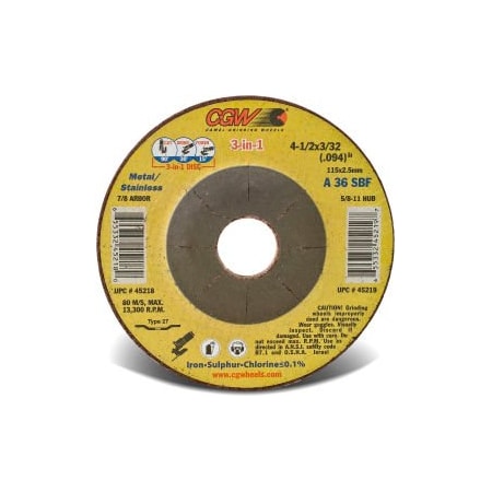 Cgw Abrasives T27, 4-1/2 in Dia, 3/32 in Thick, 7/8 in Arbor Hole Size 45218